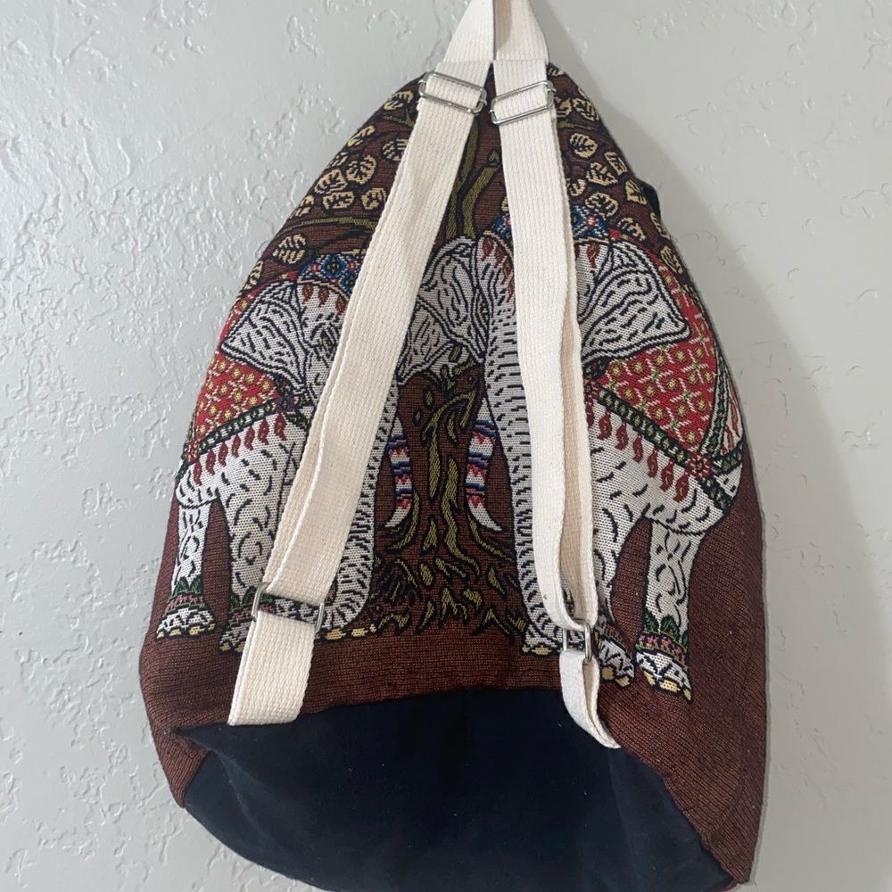 Embroidered Elephant and Tree Cotton Drawstring Backpack, "Elephant Tree" - Picture 13 of 13